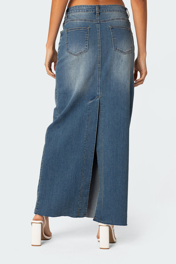 Edikted Elowyn Slitted Denim Maxi Skirt Blue