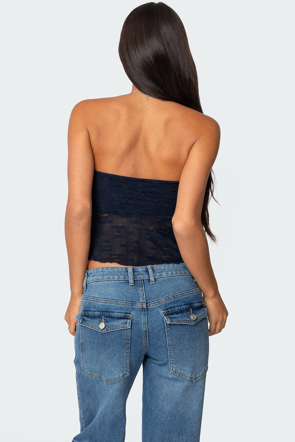 Edikted Embroidered Sheer Strapless Top Navy