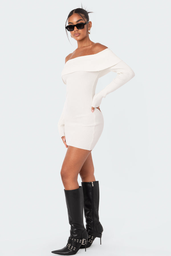 Edikted Emma Fold Over Knitted Dress White