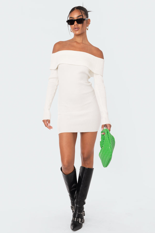 edikted Emma Fold Over Knitted Dress white