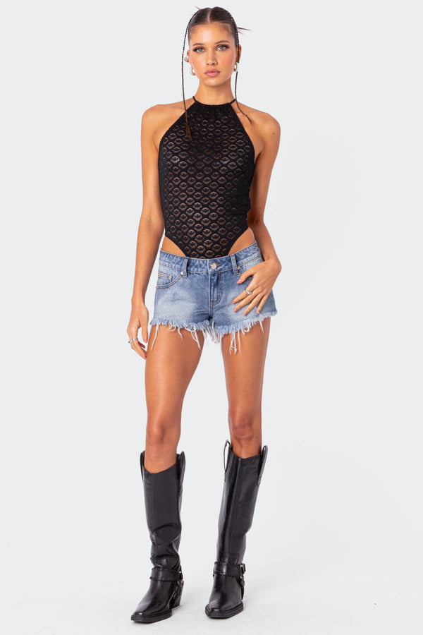 edikted Erika Low Rise Frayed Denim Shorts blue