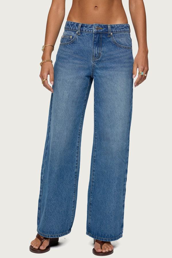 Edikted Ery Wide Leg Mid Rise Jeans Blue