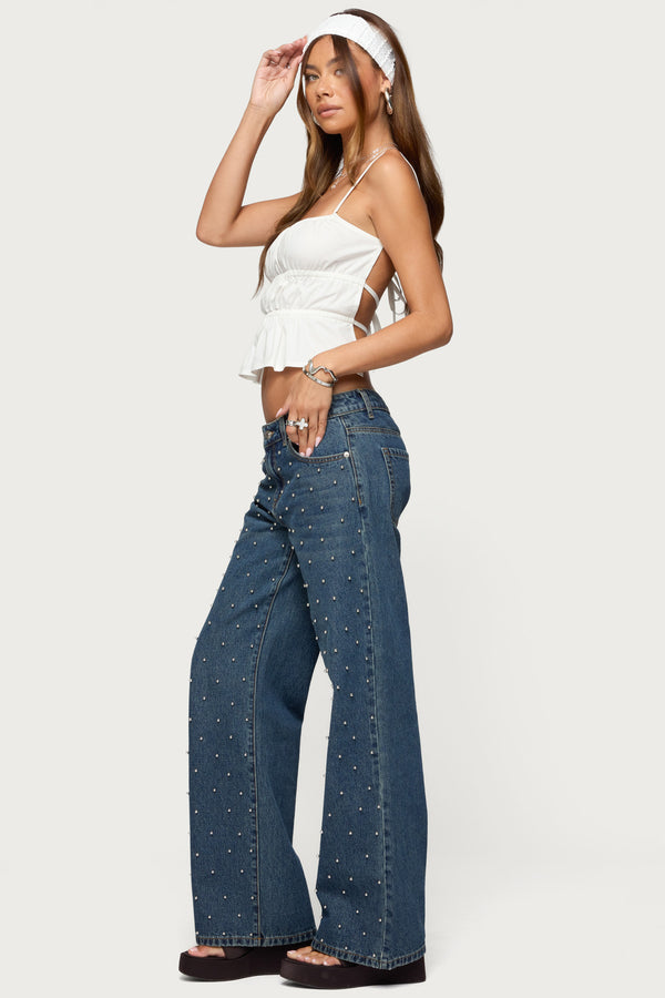 Edikted Esmay Studded Low Rise Jeans Blue Washed