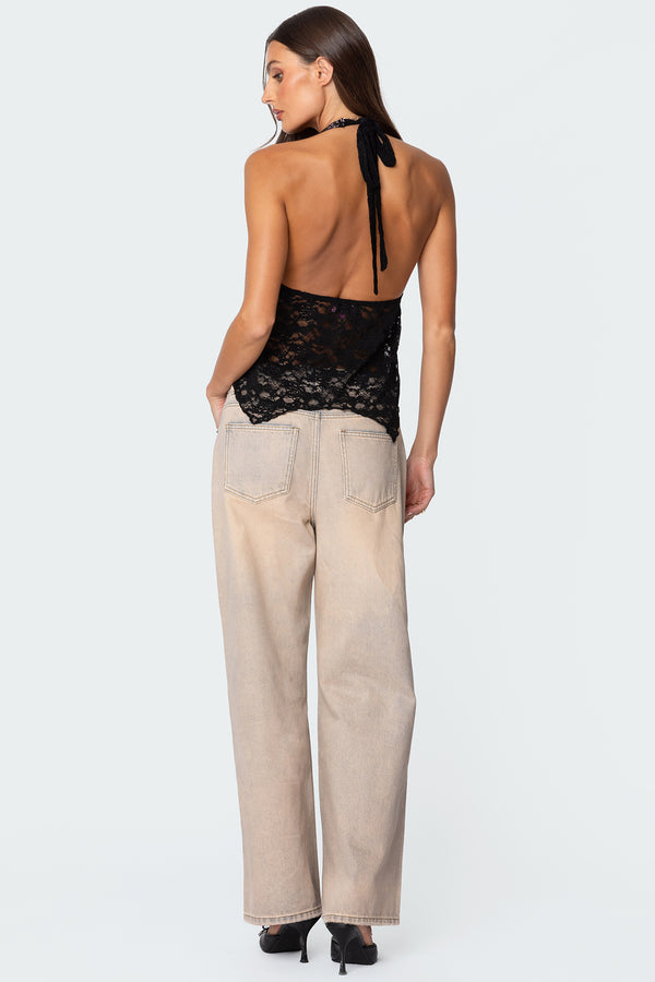 Edikted Esme Sheer Lace Halter Top Black