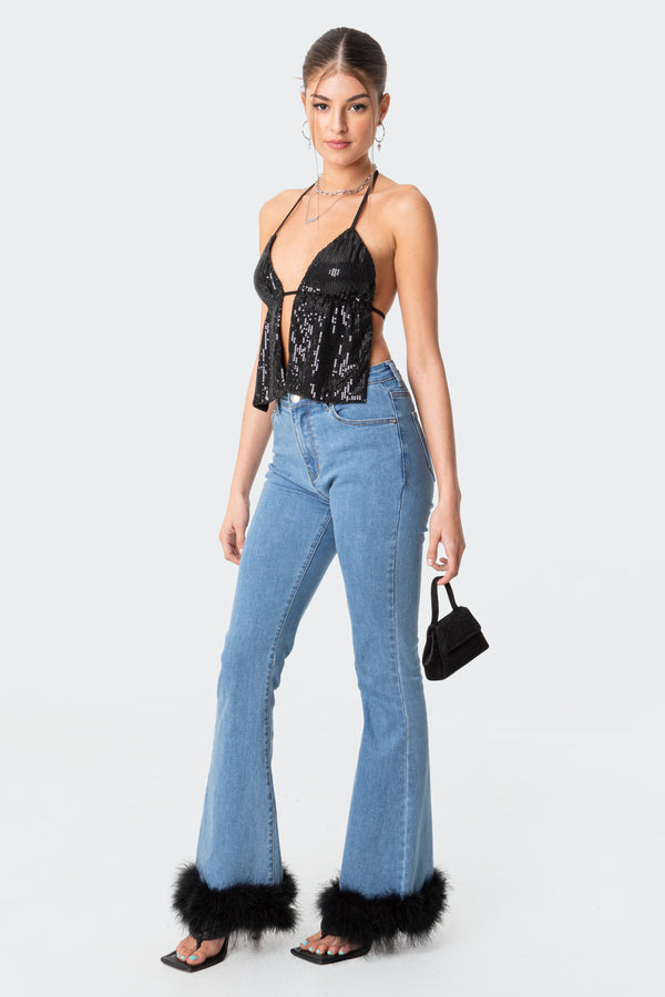 Edikted Estelle Open-Back Sequin Top Black