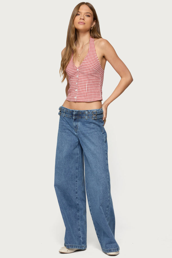 Edikted Evan Gingham Button Up Halter Top Red