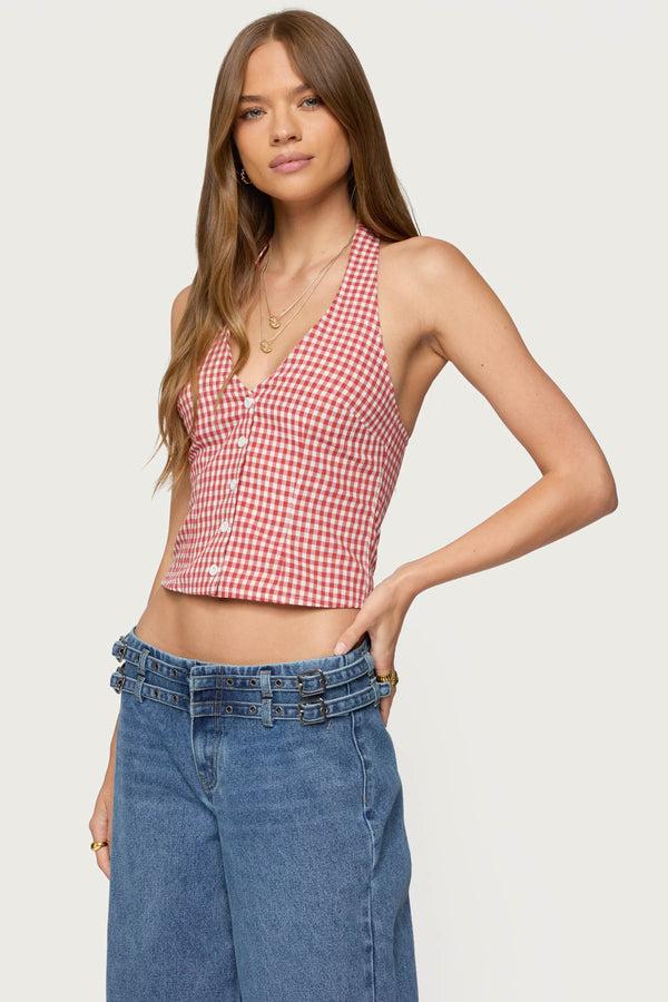 edikted Evan Gingham Button Up Halter Top red