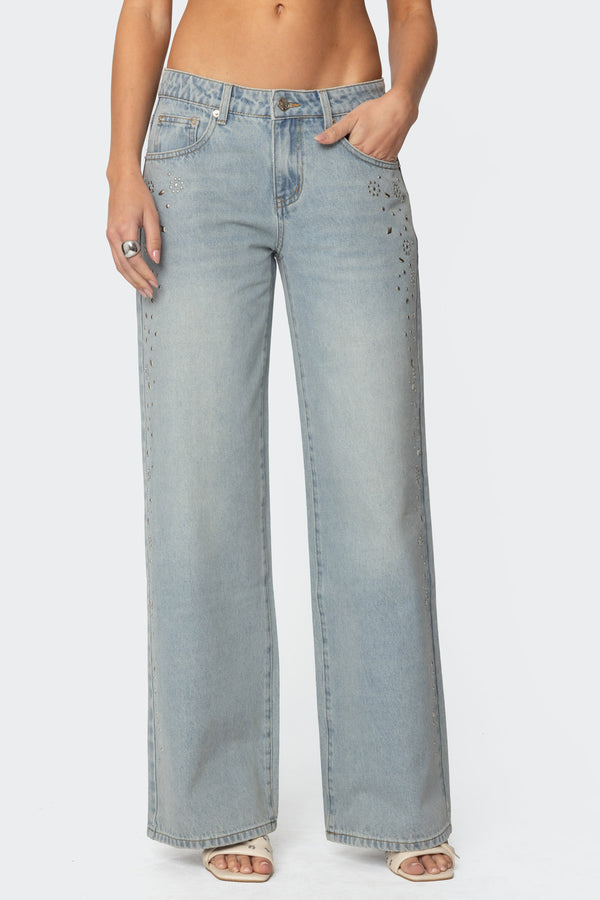 Edikted Everly Studded Low Rise Jeans Blue