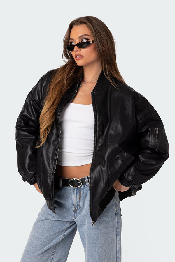 Edikted Faux Leather Oversized Bomber Jacket Black