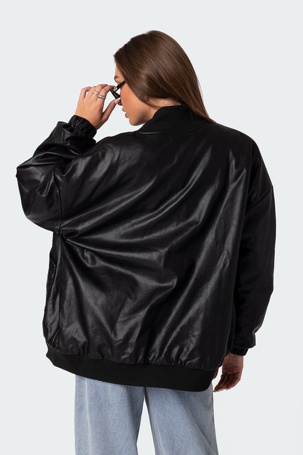 Edikted Faux Leather Oversized Bomber Jacket Black