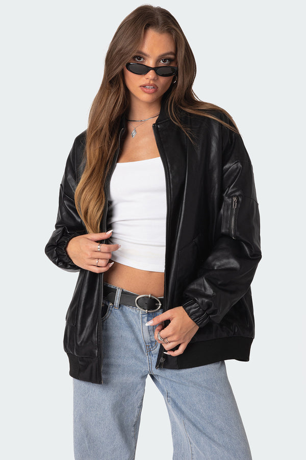 edikted Faux Leather Oversized Bomber Jacket black