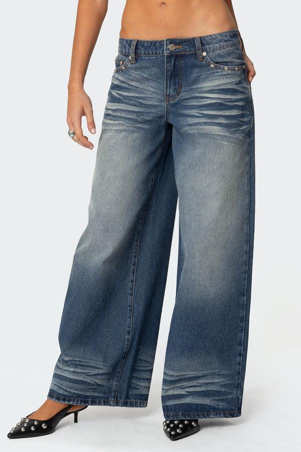 Edikted Faux Leather Pocket Low Rise Jeans Blue