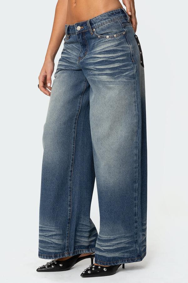 Edikted Faux Leather Pocket Low Rise Jeans Blue