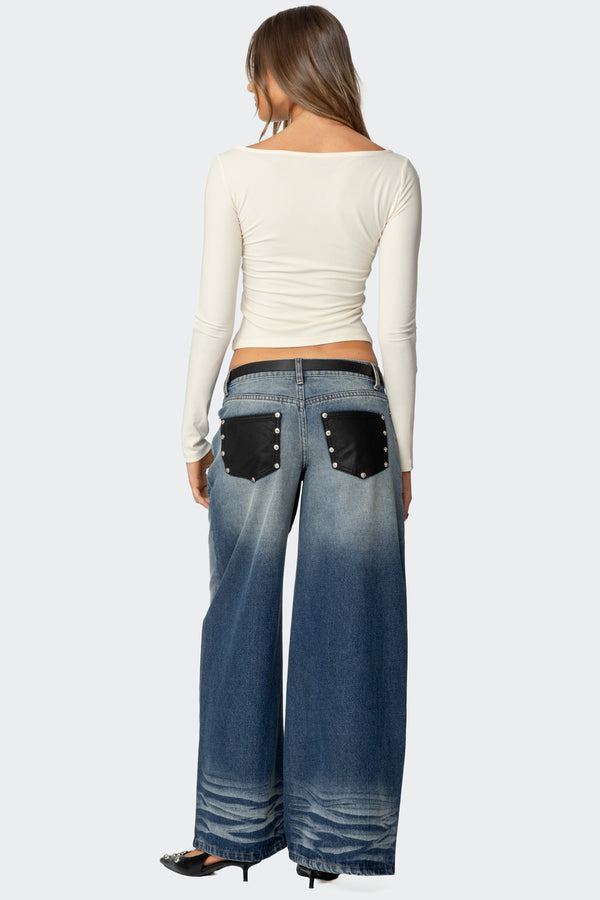 edikted Faux Leather Pocket Low Rise Jeans blue