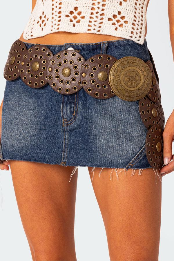 edikted Faux Leather Western Disc Belt brown