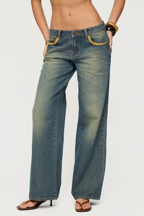 Edikted Faux Suede Star Low Rise Jeans Blue Washed