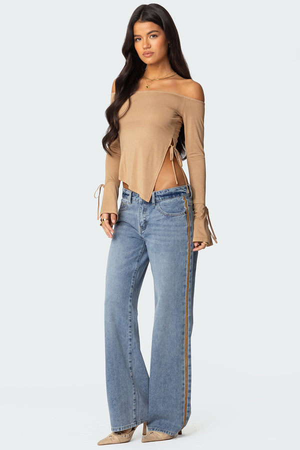 Edikted Faux Suede Stripe Low Rise Jeans Blue