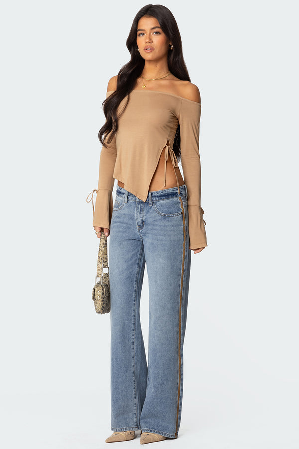 edikted Faux Suede Stripe Low Rise Jeans blue