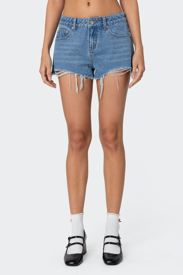 Edikted Fern Mid Rise Denim Shorts Blue