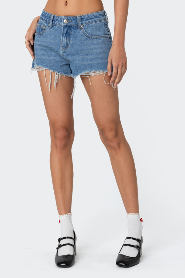 Edikted Fern Mid Rise Denim Shorts Blue