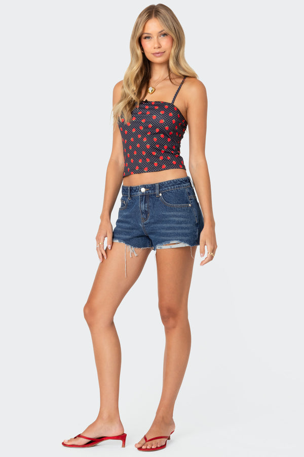 Edikted Fern Mid Rise Denim Shorts Blue Washed