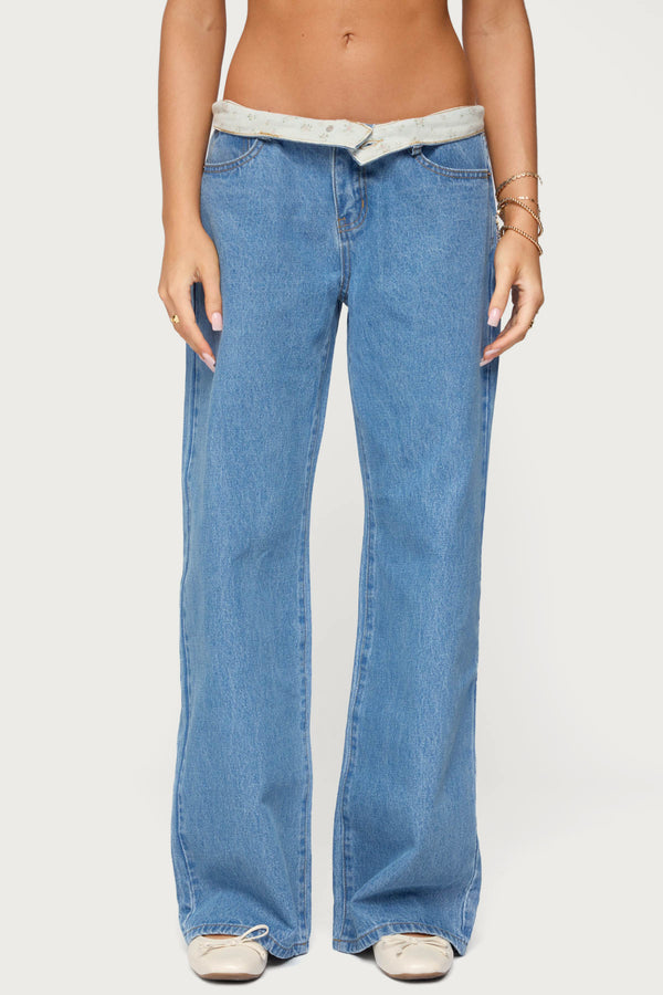Edikted Floral Foldover Low Rise Jeans Blue