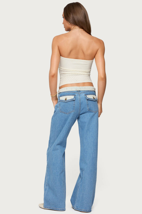 Edikted Floral Foldover Low Rise Jeans Blue