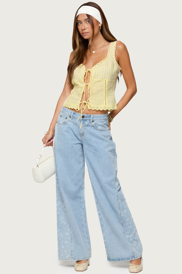Edikted Floral Split Low Rise Jeans Blue Washed