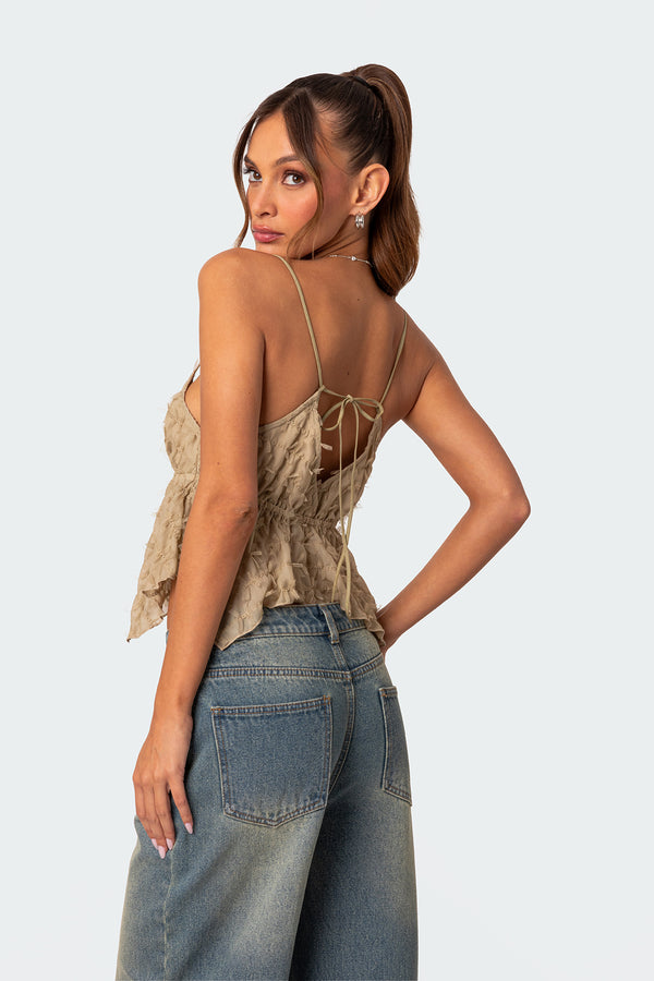 Edikted Flutter Frilled Tie Back Top Olive
