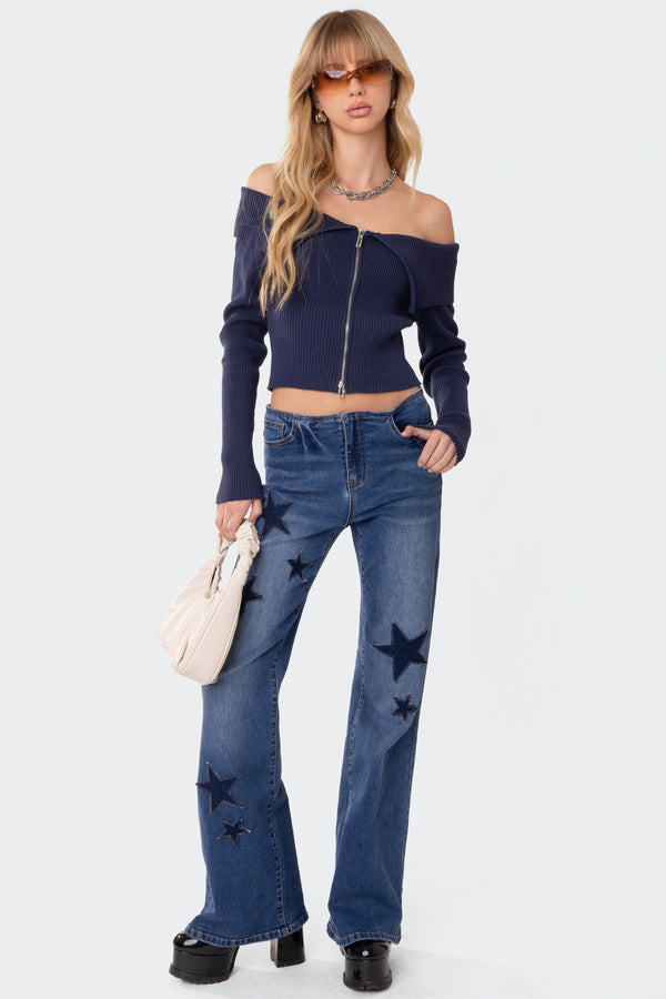 Edikted Fold Over Double Zip Knit Top Blue