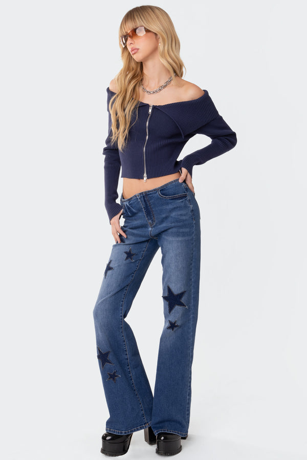 Edikted Fold Over Double Zip Knit Top Blue