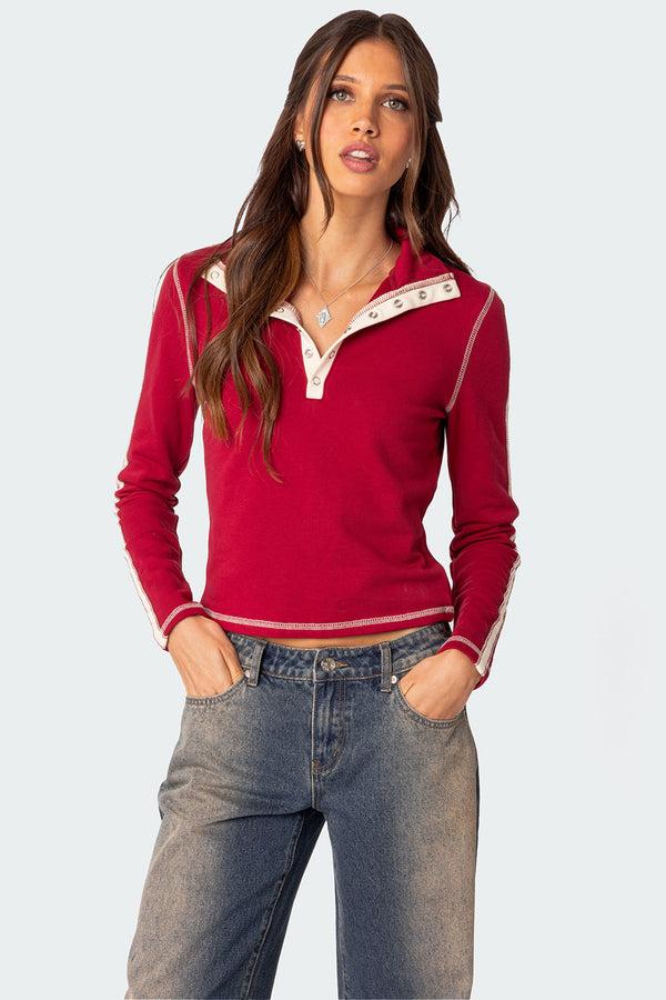 edikted Gio Contrast Stitch Top red