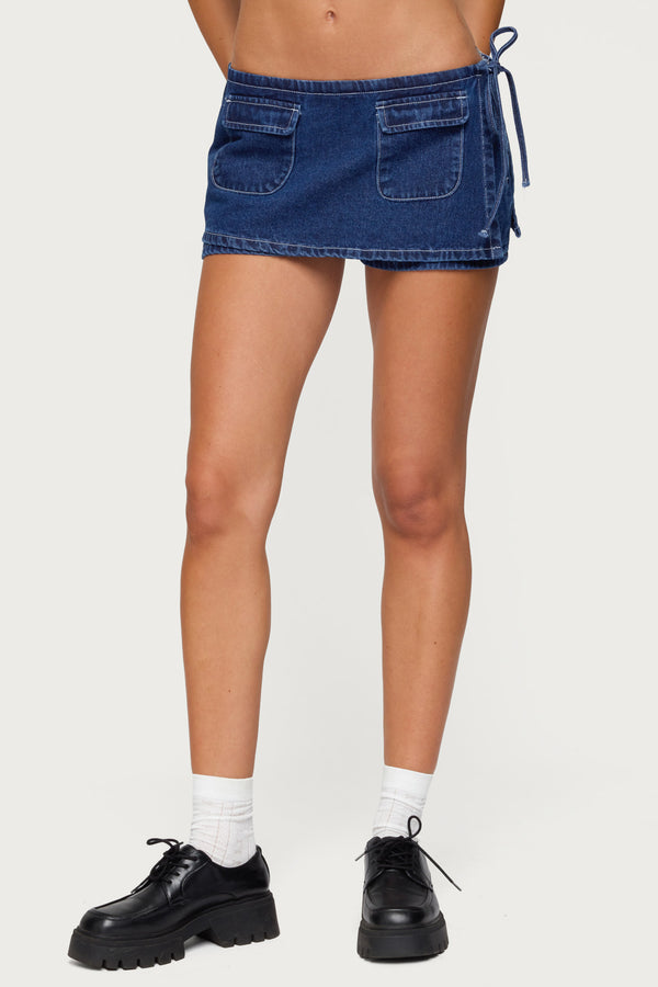Edikted Giselle Wrap Denim Mini Skort Blue