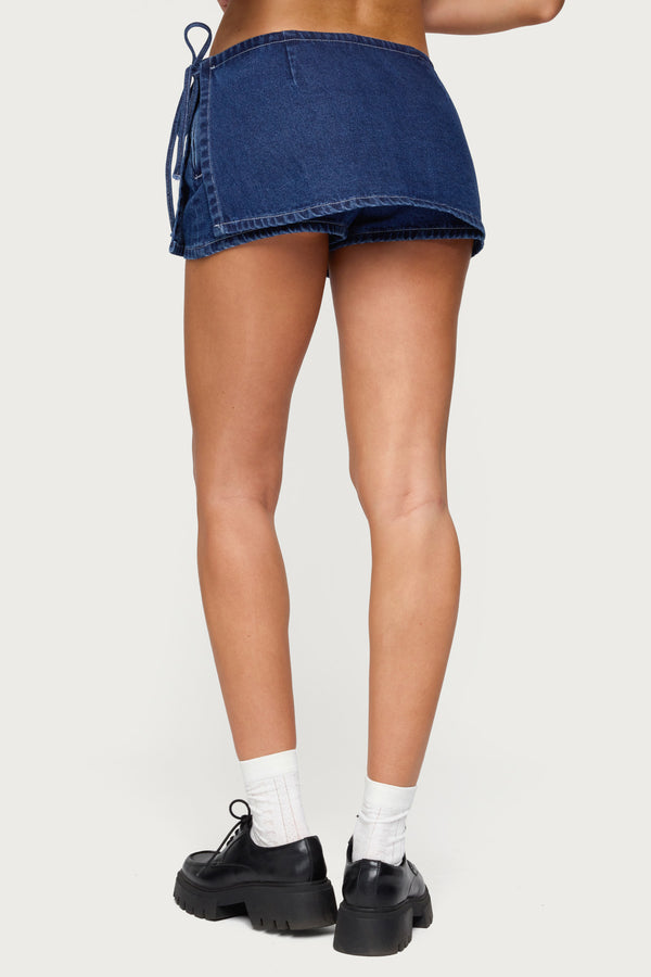 Edikted Giselle Wrap Denim Mini Skort Blue