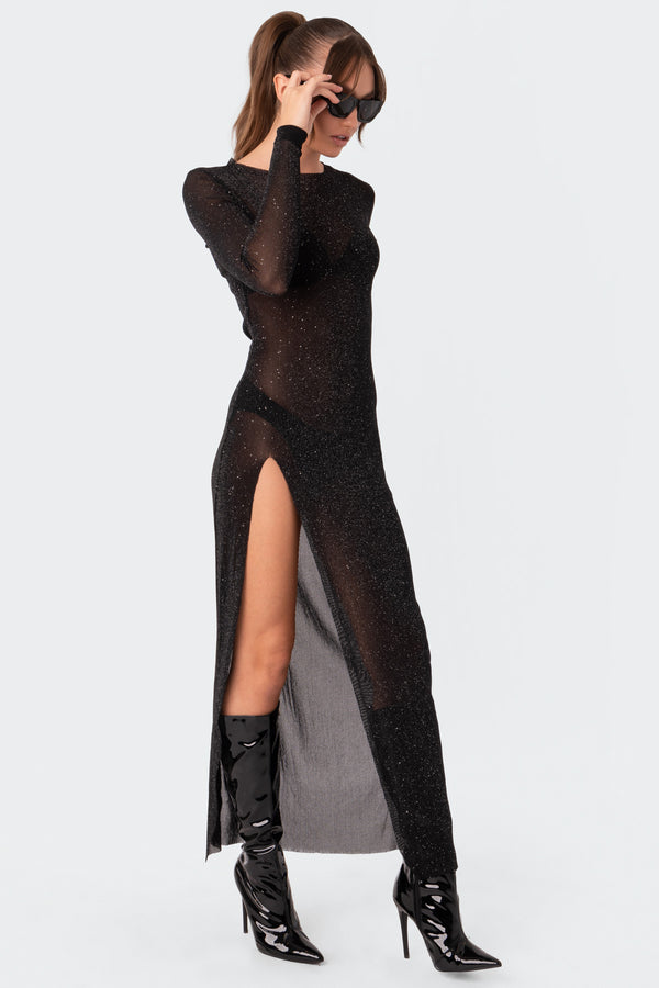 Edikted Glitter Mesh Slitted Maxi Dress Black