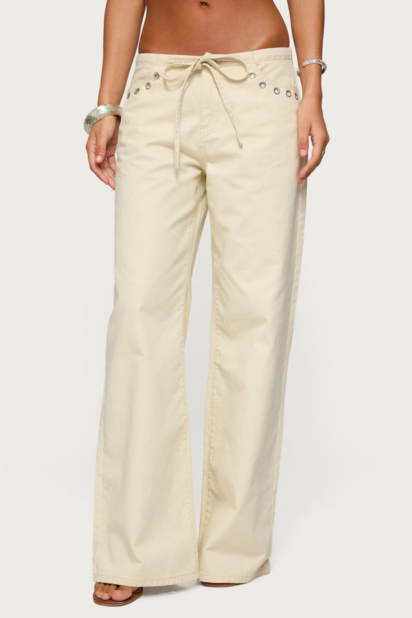 Edikted Grommet Tie Waist Low Rise Jeans Beige