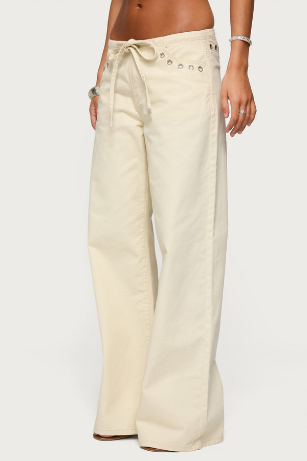 Edikted Grommet Tie Waist Low Rise Jeans Beige