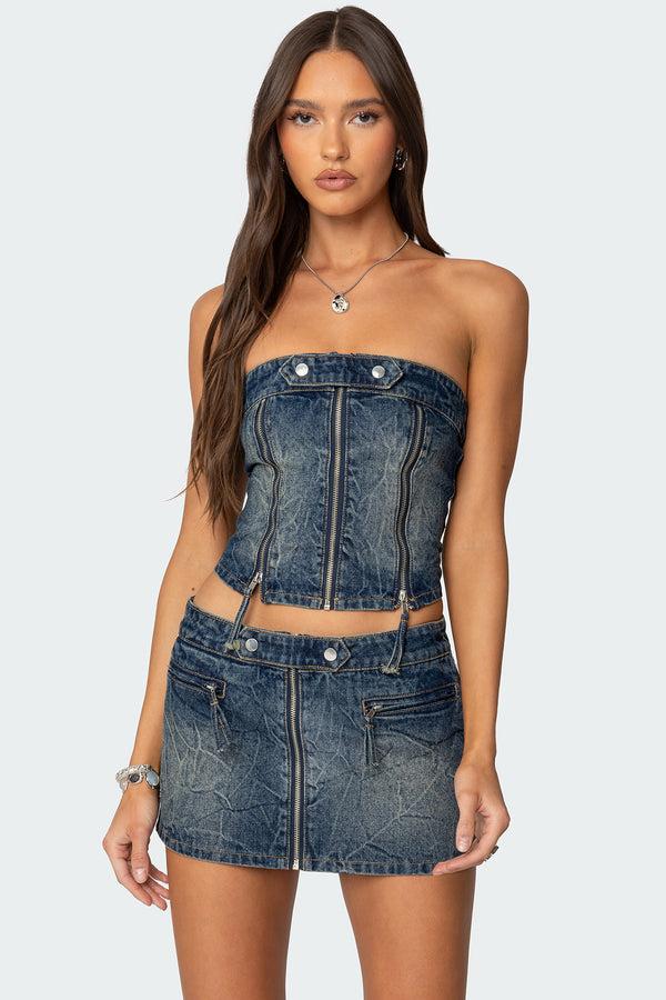 edikted Guinevere Zip Washed Denim Top blue washed