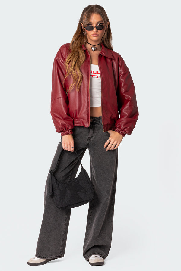 Edikted Halley Faux Leather Bomber Jacket Bordu