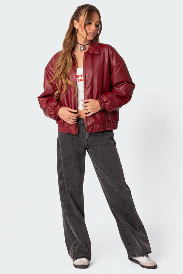 Edikted Halley Faux Leather Bomber Jacket Bordu
