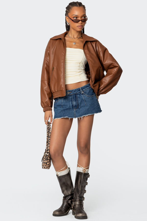 Edikted Halley Faux Leather Bomber Jacket Brown