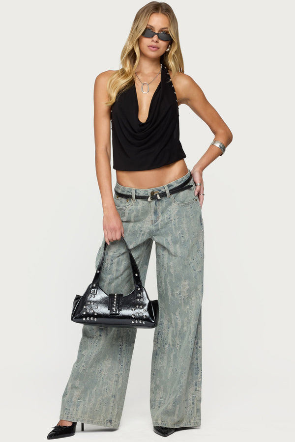 Edikted Irina Stud Cowl Neck Halter Top Black
