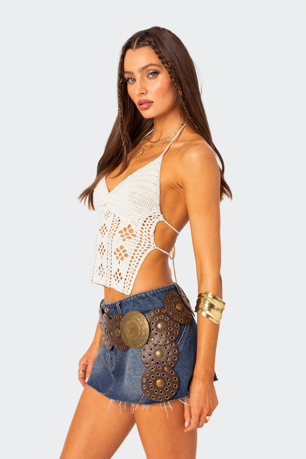 Edikted Jada Open Back Crochet Top White