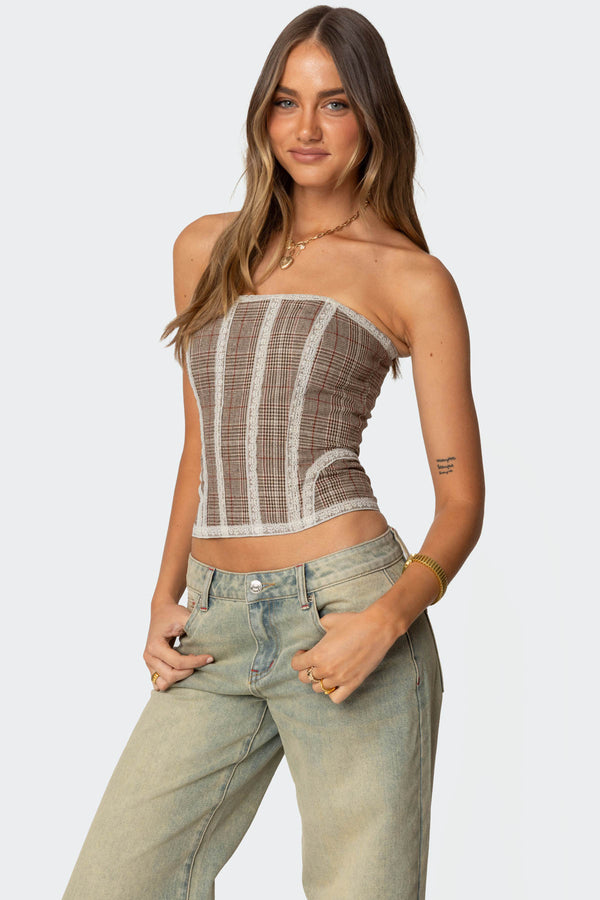 Edikted Jaiden Houndstooth Plaid Corset Brown