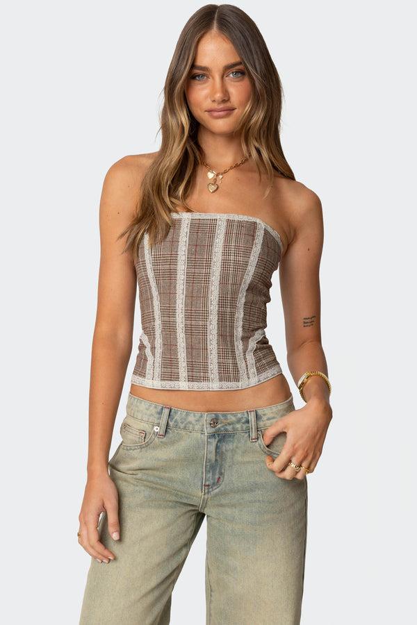 edikted Jaiden Houndstooth Plaid Corset brown