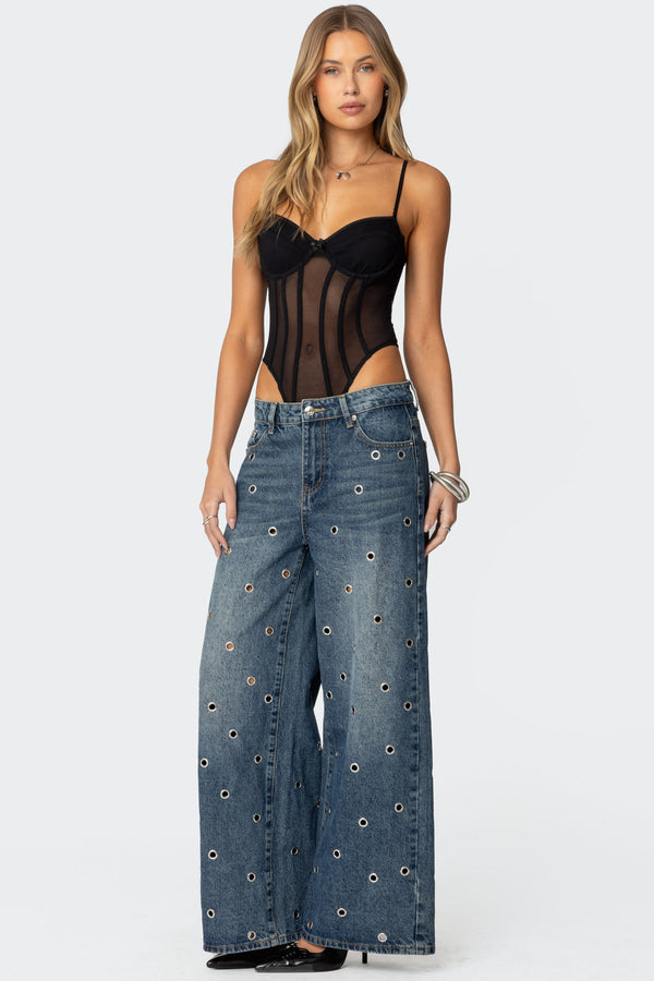 Edikted Jainie Grommet Low Rise Jeans Blue Washed