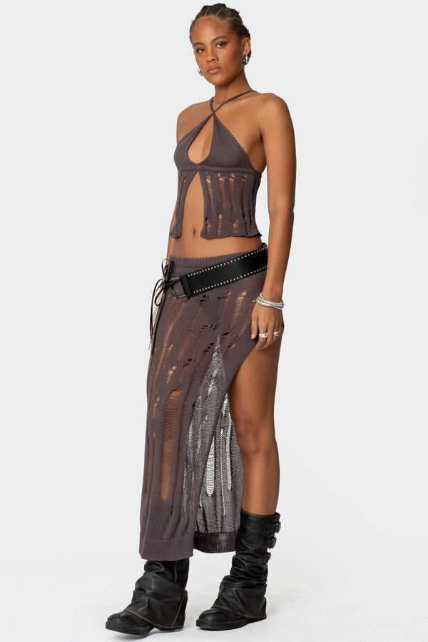Edikted Jaynie Distressed Knit Maxi Skirt Brown