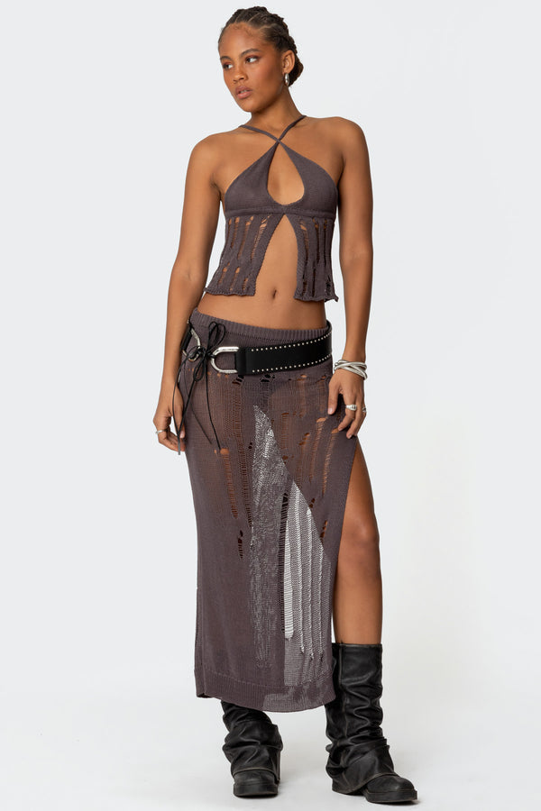edikted Jaynie Distressed Knit Maxi Skirt brown