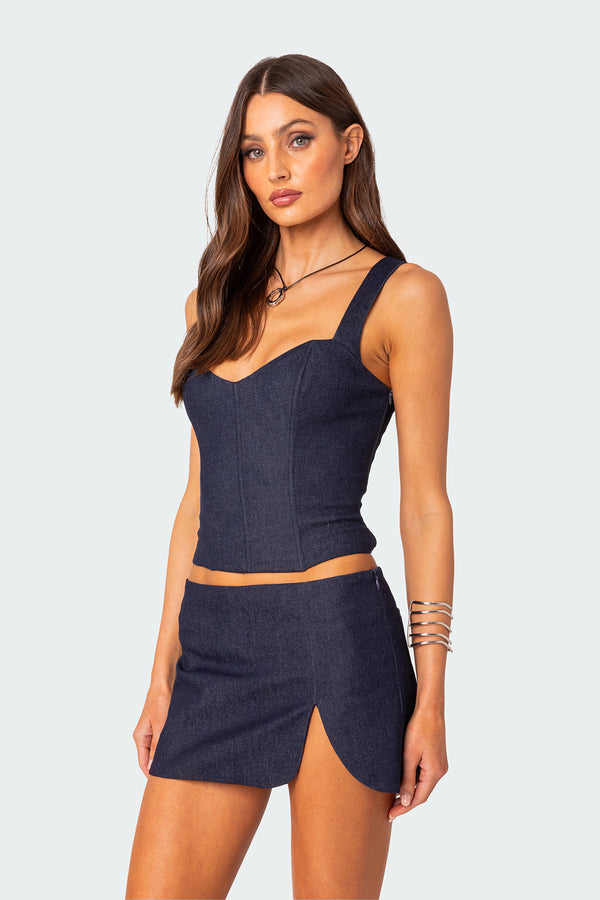 Edikted Jemma Lace Up Denim Corset Dark Blue
