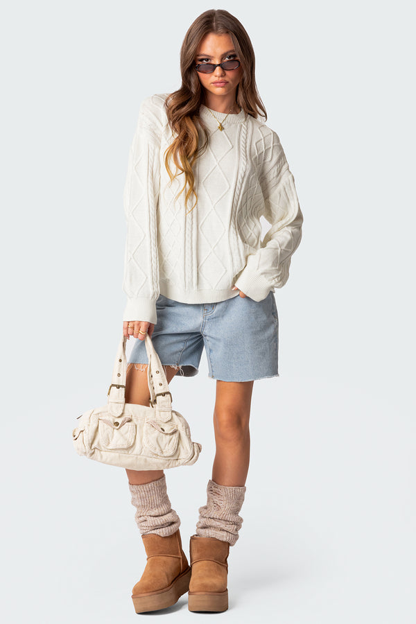 Edikted Jessy Cable Knit Oversized Sweater Cream